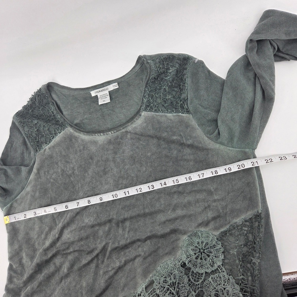 Feratelli Tunic Top XL Green Crochet Lace Ruffle Eclectic Boho Lagenlook Indie - Picture 5 of 6